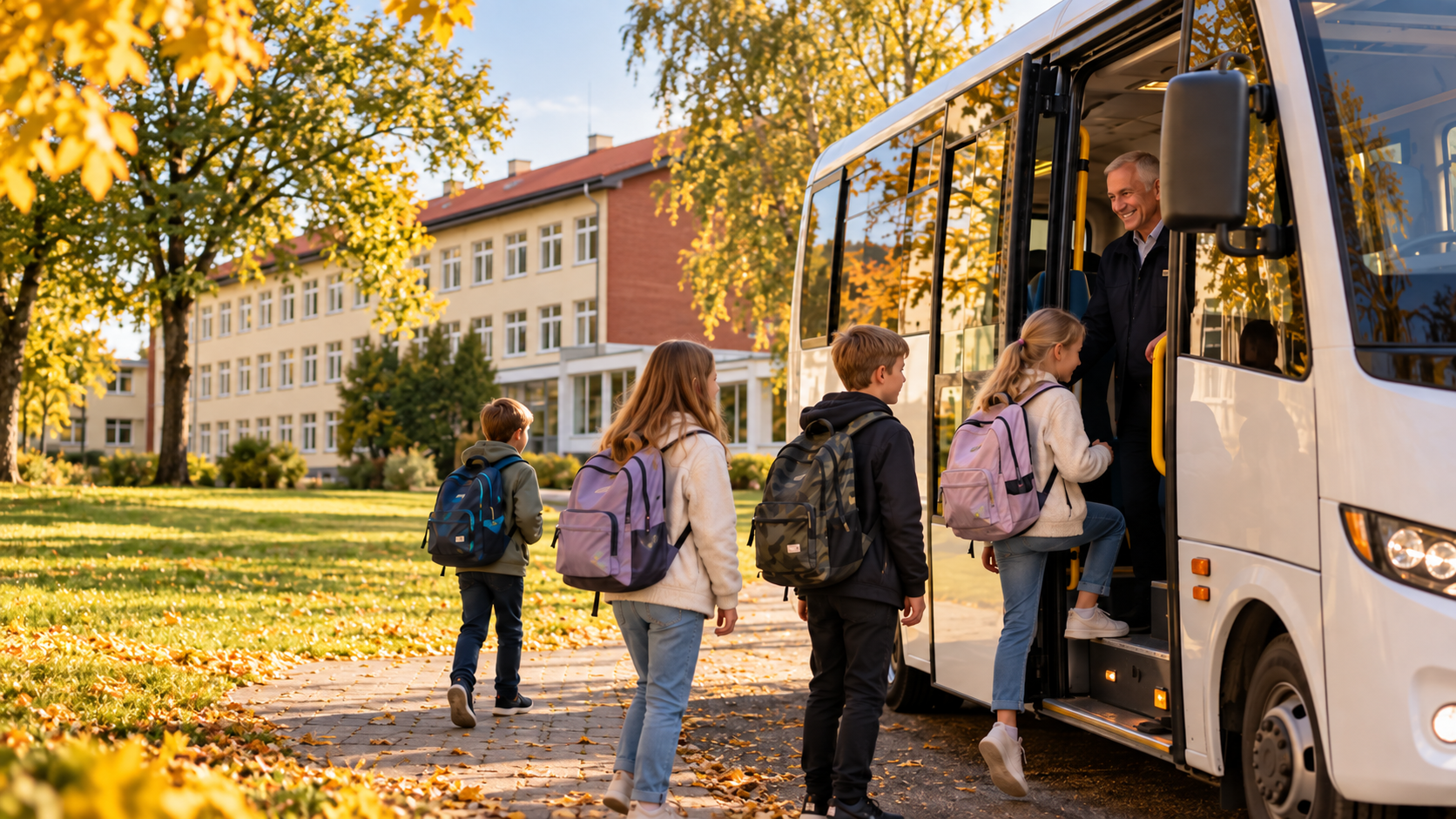 Autobuss un skolēni uz Madlienas vidusskolas ēkas fona